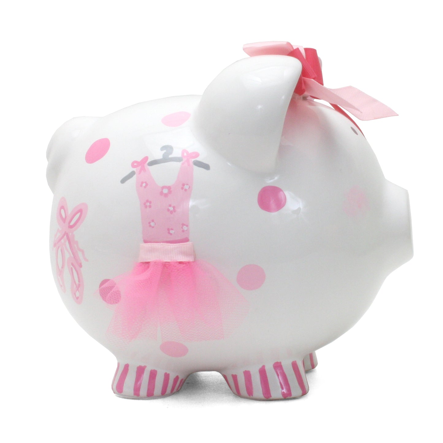 Side view of piggy bank showing pink tutu dress illustration with attached tulle and pink polka dots