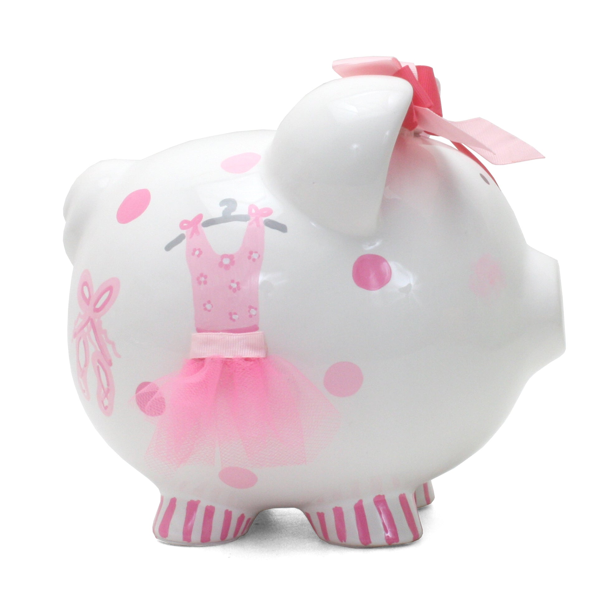 Side view of piggy bank showing pink tutu dress illustration with attached tulle and pink polka dots