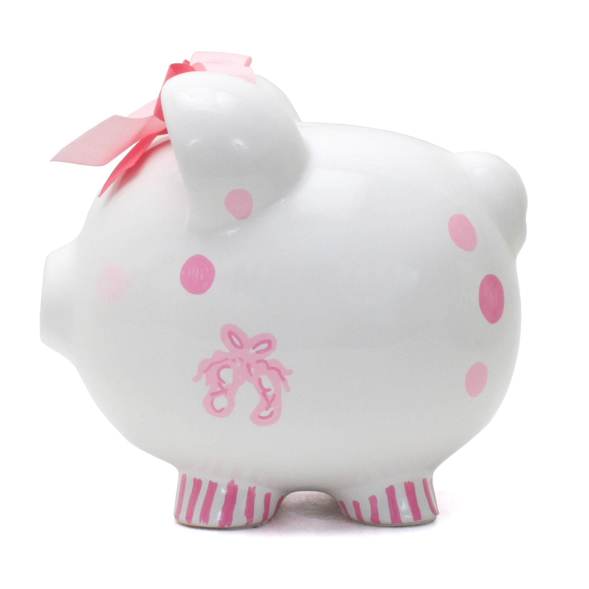 Opposite side view featuring pink ballet slippers illustration and polka dots on white piggy bank