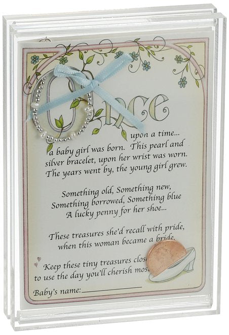 Framed baby to bride keepsake card with sterling silver pearl bracelet tied with a blue ribbon and a lucky penny displayed in the corner