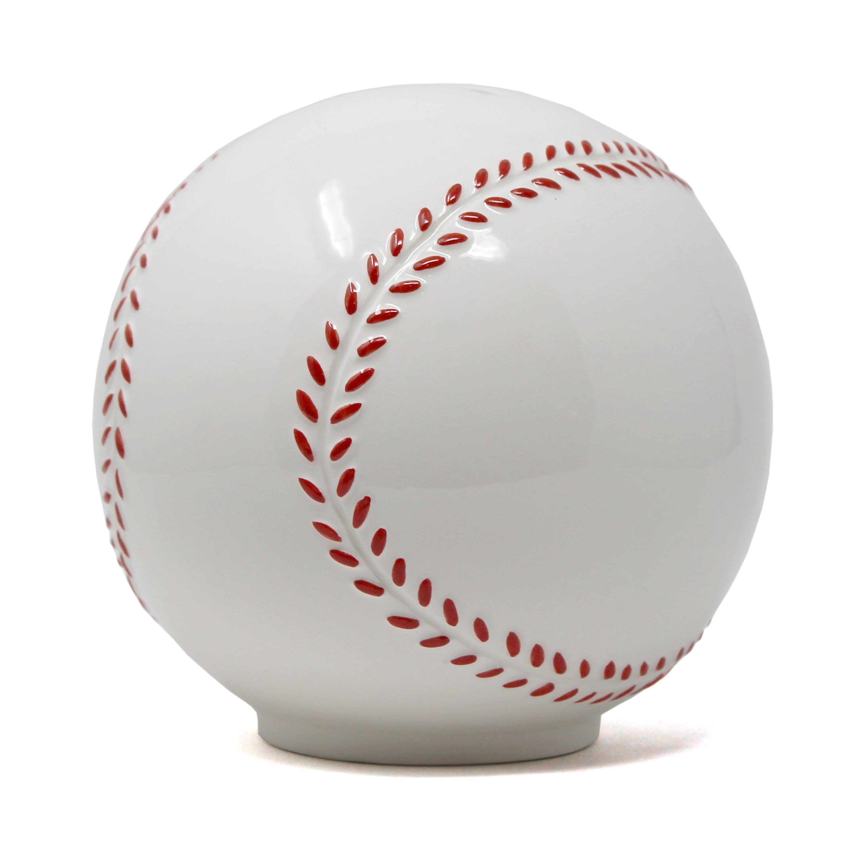 Glossy white ceramic piggy bank shaped like a baseball with raised red stitching detail
