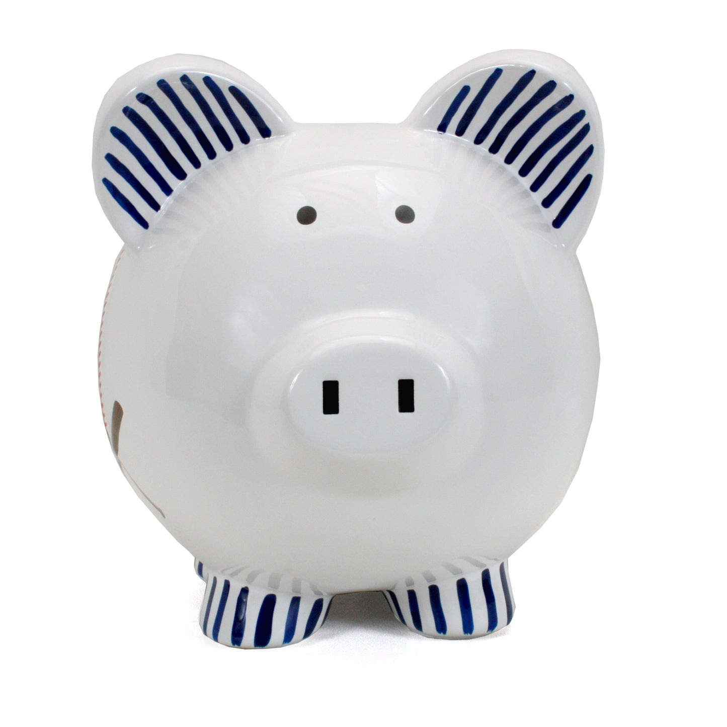 Front view of baseball piggy bank with simple eyes and striped ears
