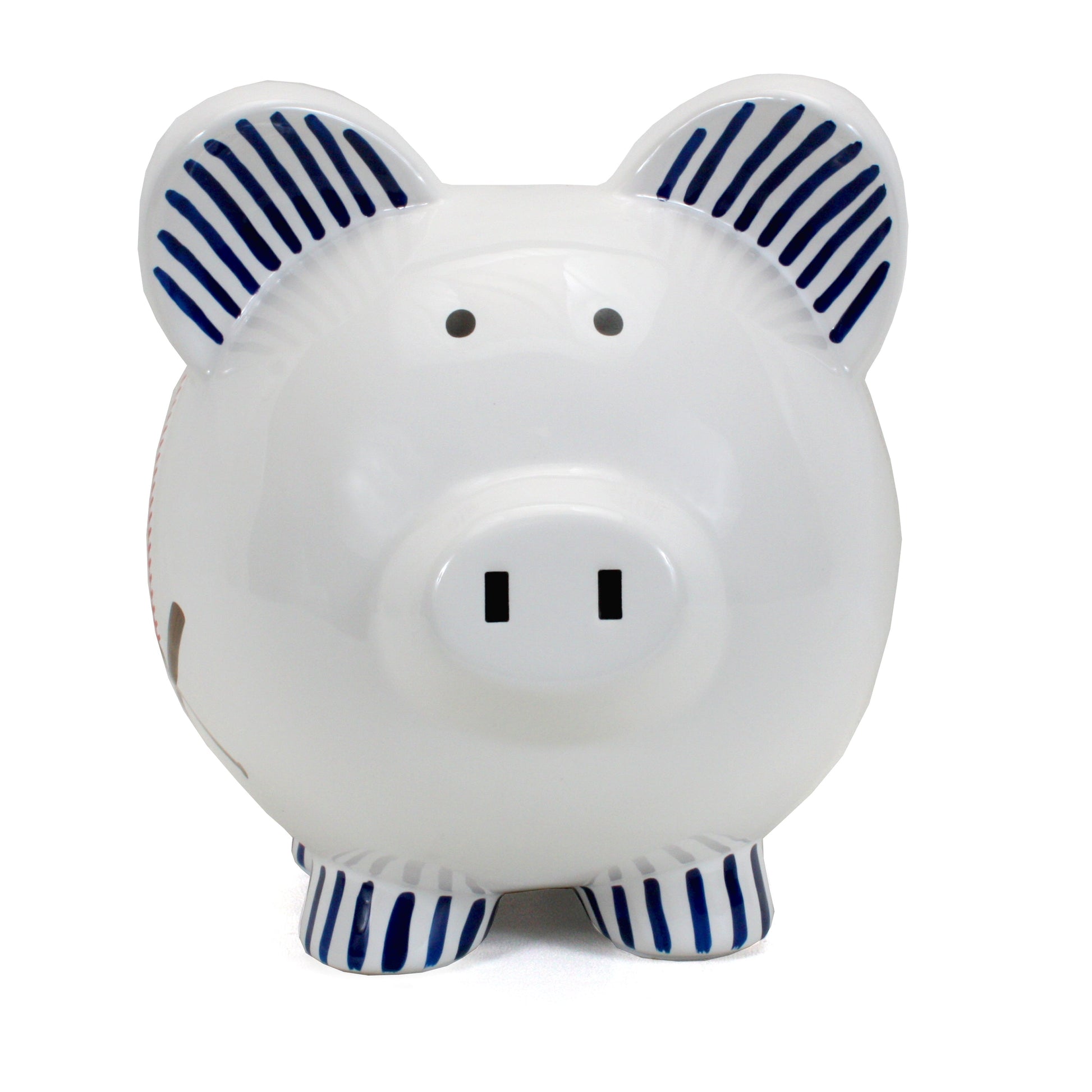 Front view of baseball piggy bank with simple eyes and striped ears