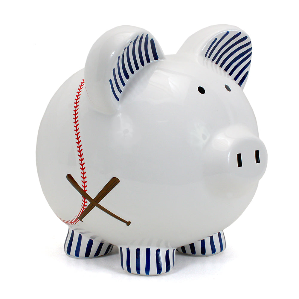Front-side view of handpainted baseball piggy bank with blue-striped ears and feet