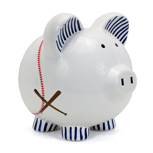Front-side view of handpainted baseball piggy bank with blue-striped ears and feet