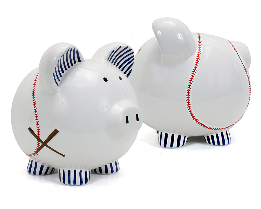 Two baseball-themed ceramic piggy banks side by side showing detailed painting