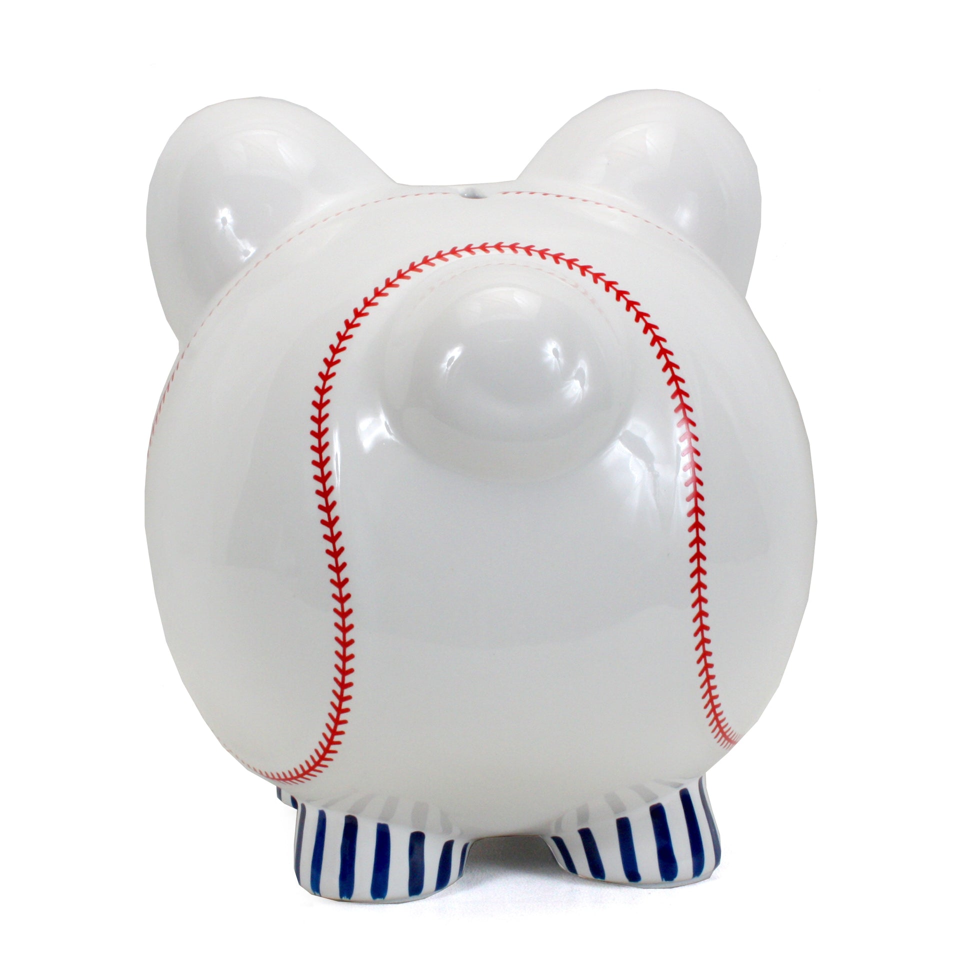 Back view showing red baseball stitching across white ceramic piggy bank