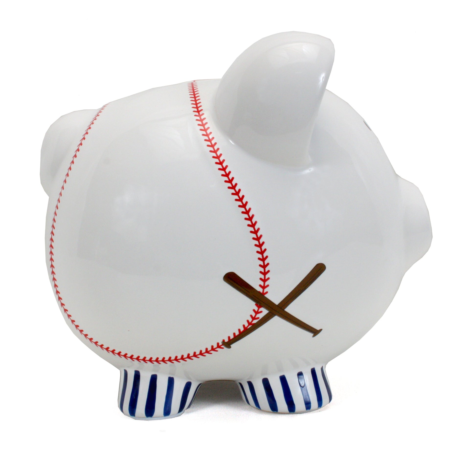 Side view of ceramic piggy bank showing crossed baseball bats and stitching design