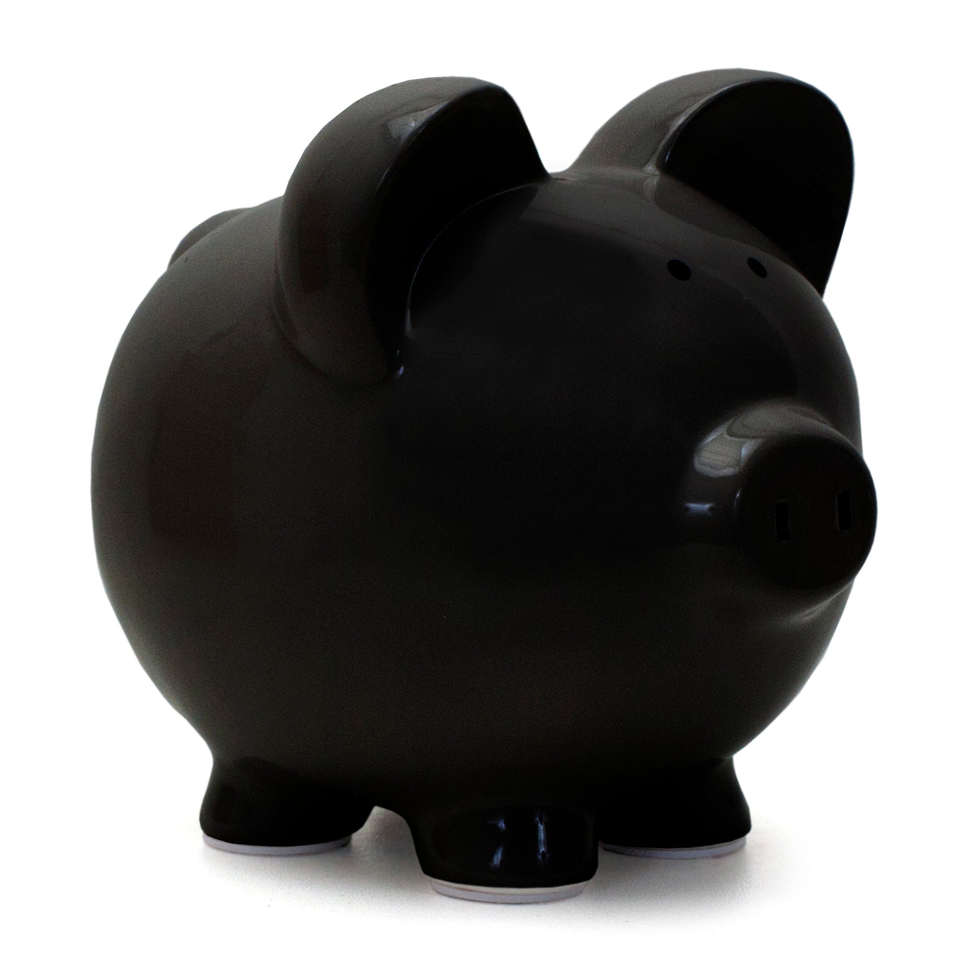 Large black ceramic piggy bank with glossy finish and round body