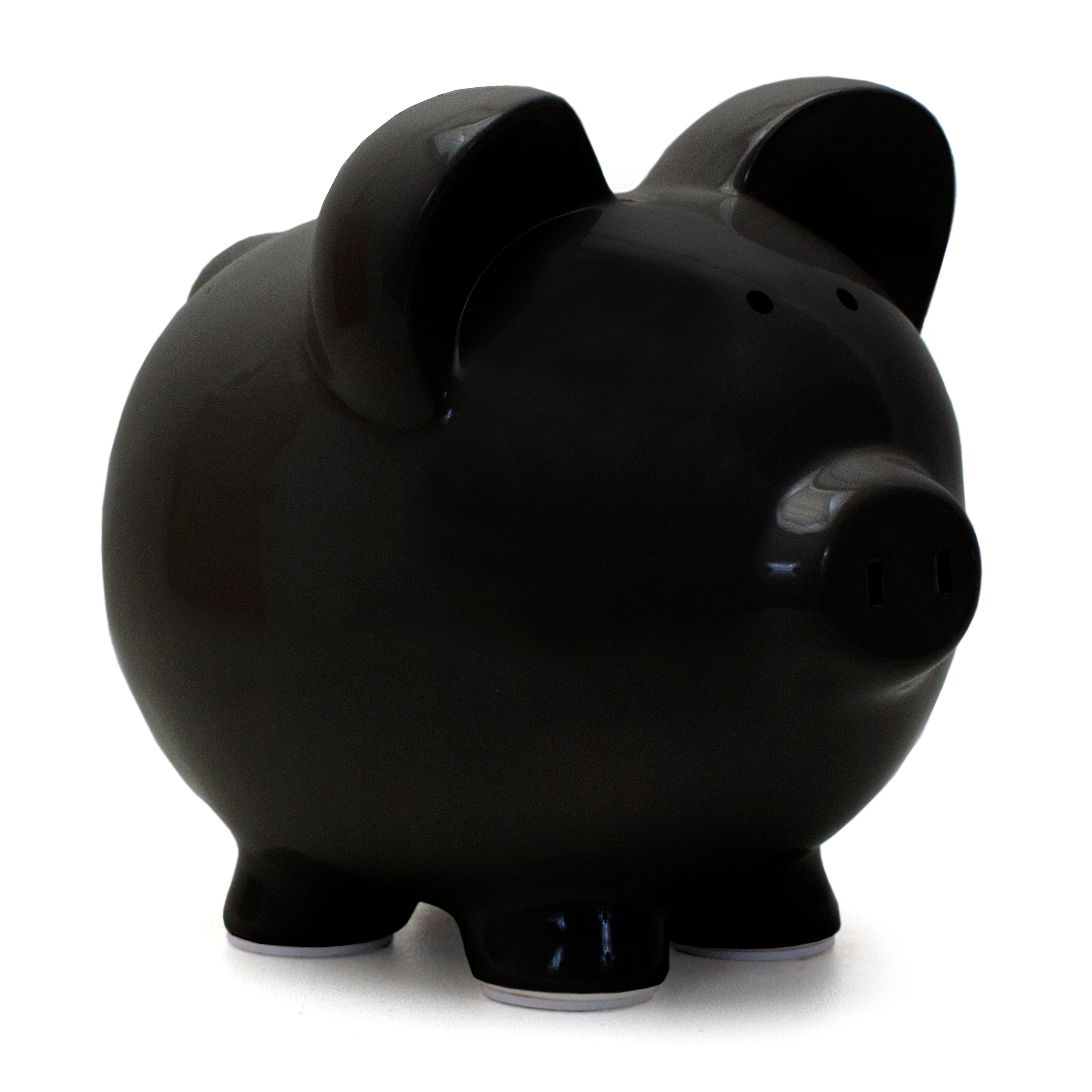 Large black ceramic piggy bank with glossy finish and round body