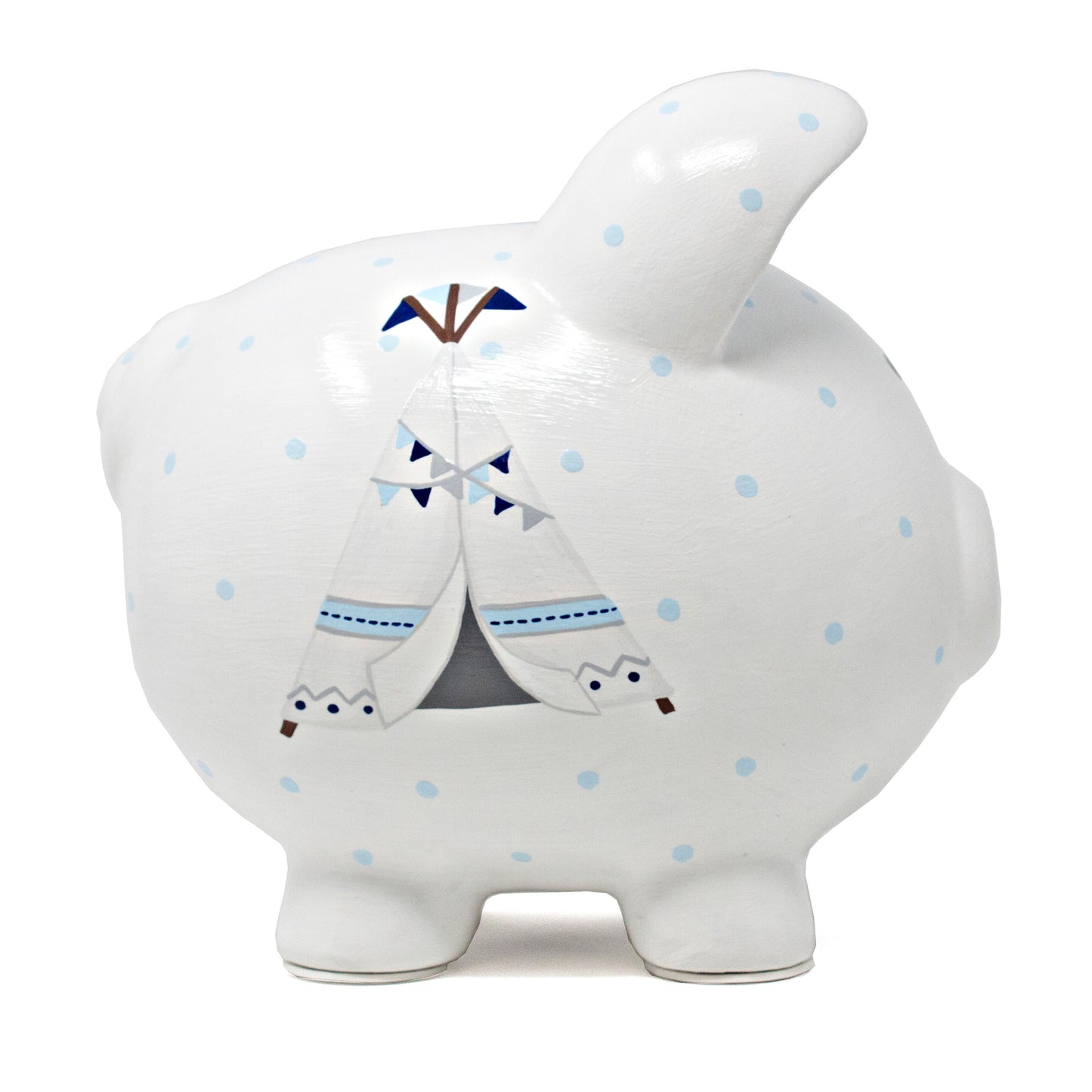 Front quarter right view showing white piggy bank with blue polka dots and bohemian teepee painted patterns