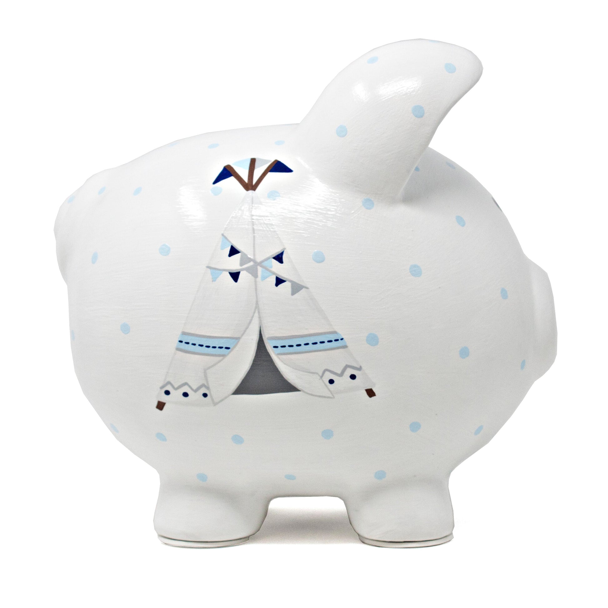 Front quarter right view showing white piggy bank with blue polka dots and bohemian teepee painted patterns
