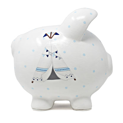 Front quarter right view showing white piggy bank with blue polka dots and bohemian teepee painted patterns