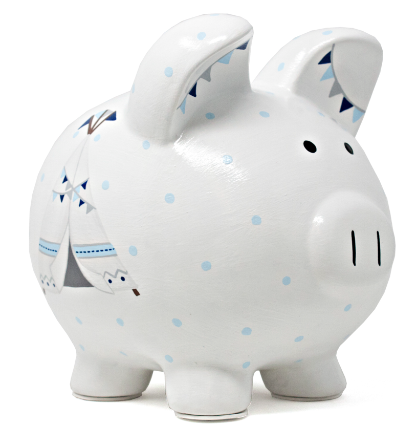 Right side view of a white piggy bank with light blue polka dots and a handpainted bohemian teepee design