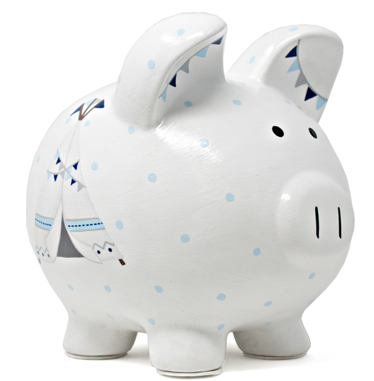 Right side view of a white piggy bank with light blue polka dots and a handpainted bohemian teepee design