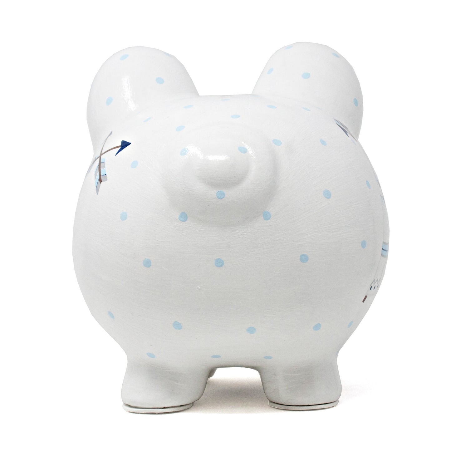 Front view of white piggy bank with black eyes, blue polka dots, and triangular flags painted inside raised ears