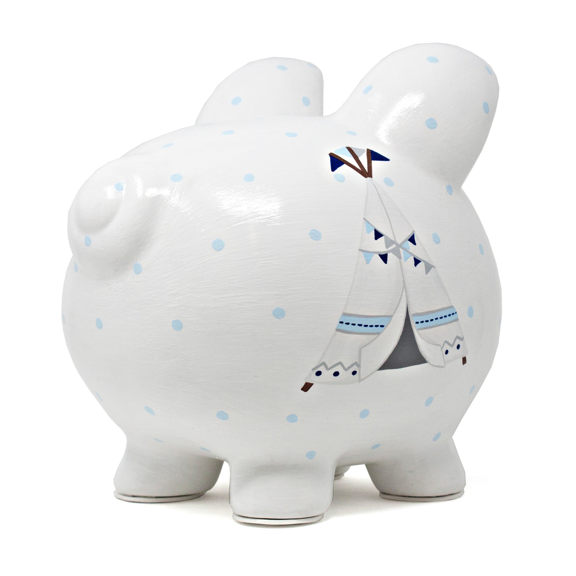 Left side view showing white piggy bank with blue polka dots and bohemian teepee detailed painting