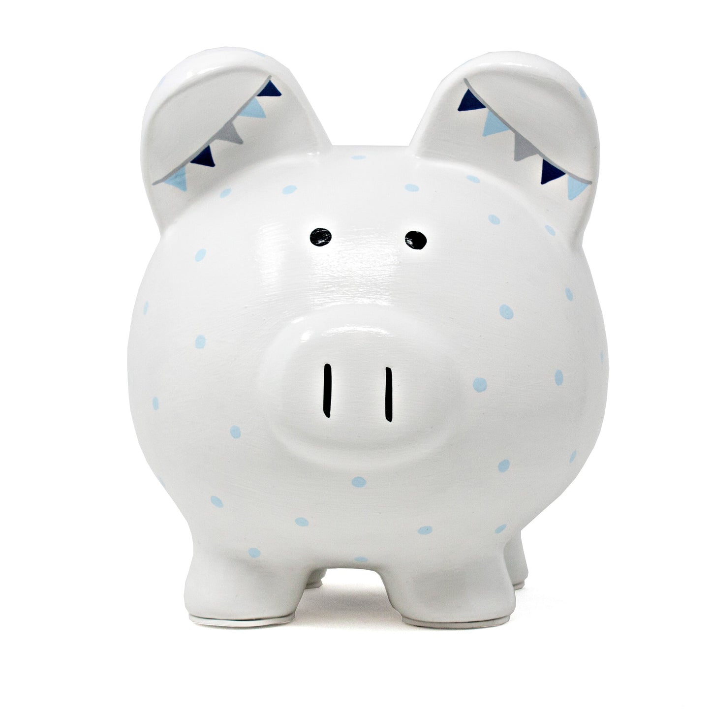 Left front quarter side profile of white ceramic piggy bank decorated with light blue polka dots and handpainted teepee