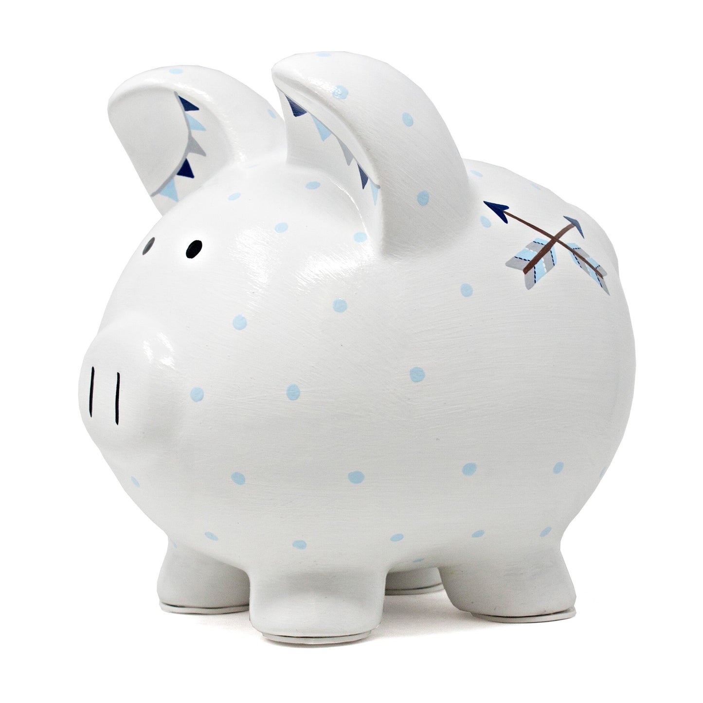 Close-up of piggy bank back side showing blue polka dots and two crossed arrows handpainted