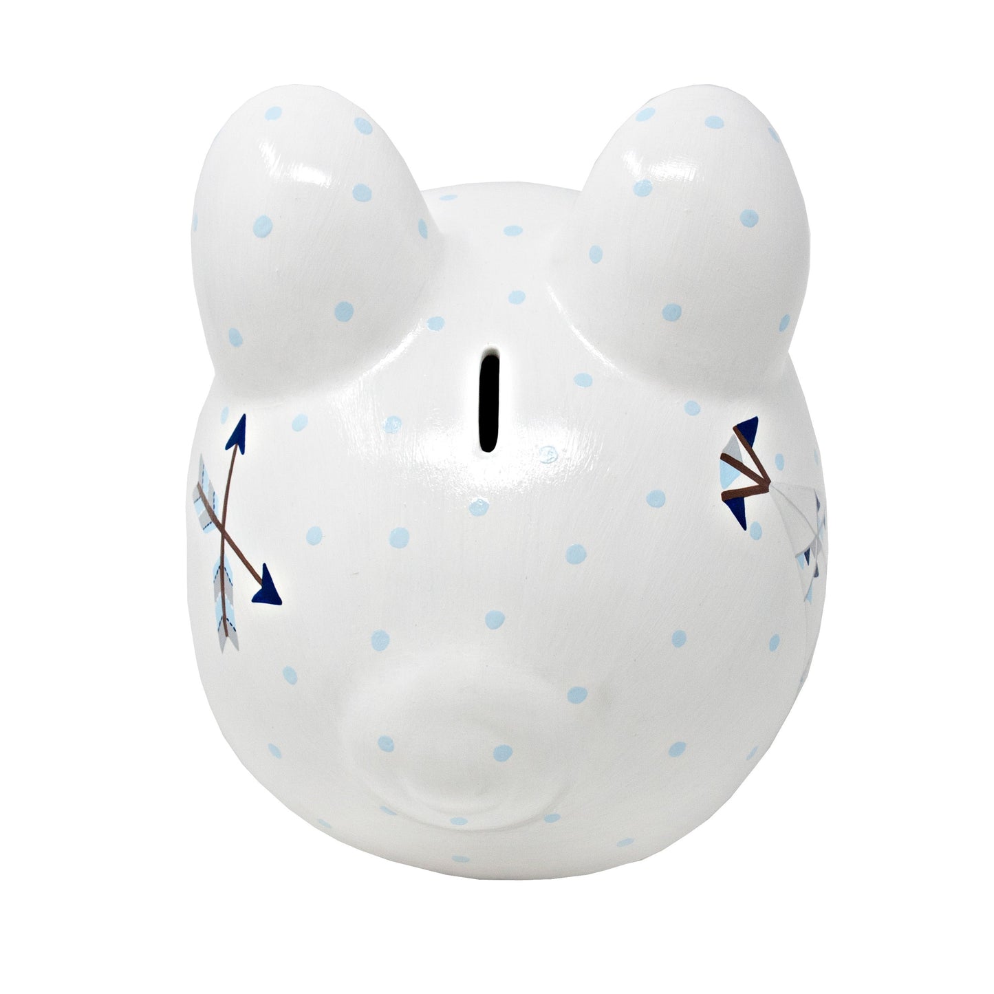 Top angle view of white piggy bank with coin slot, crossed arrow pattern and light blue polka dots