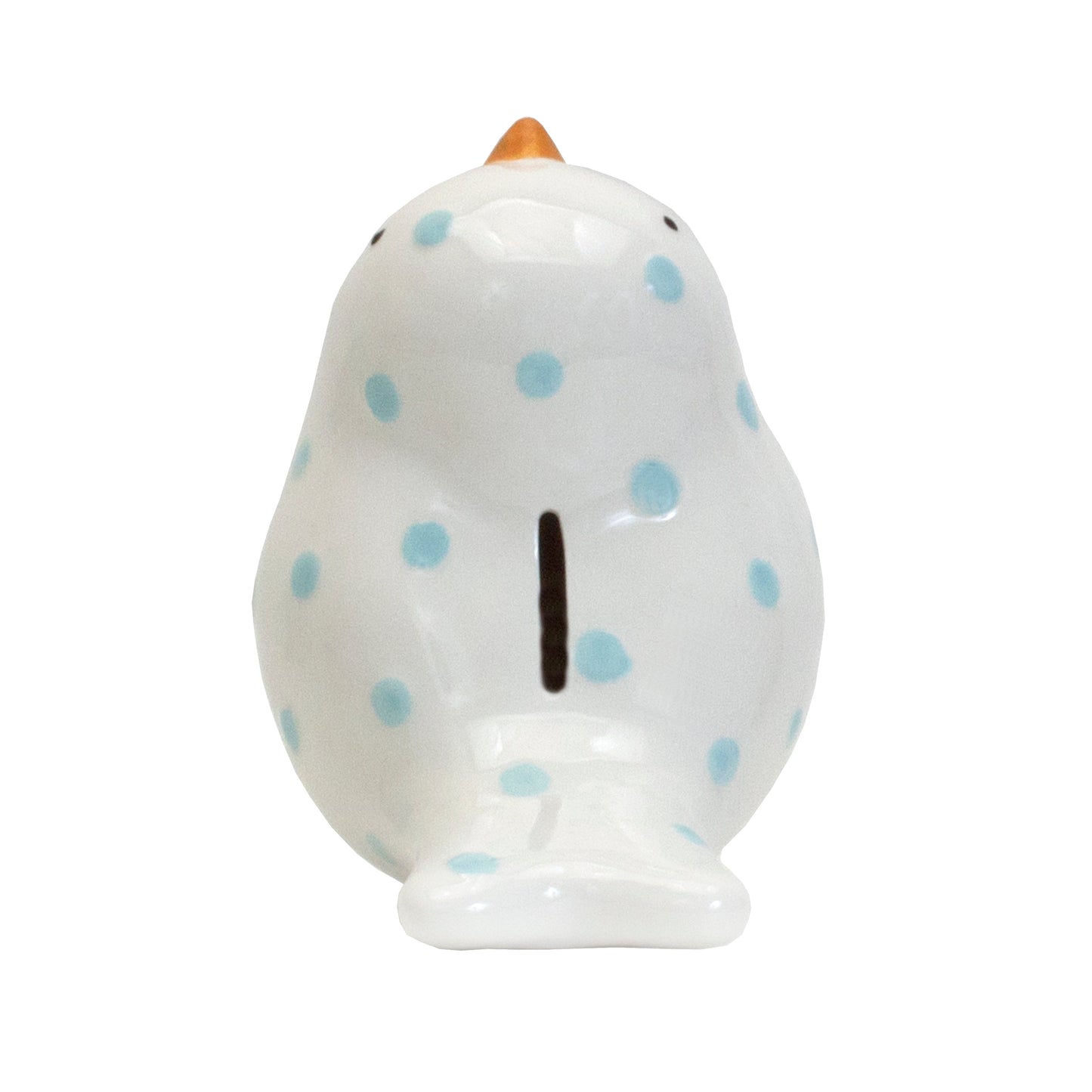 Top front view showing coin slot on top of handpainted blue polka dot ceramic bird bank
