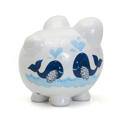 Back angled view with coin slot visible on the top of piggy bank