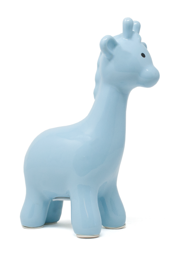 Glossy blue ceramic giraffe-shaped piggy bank with simple black eyes