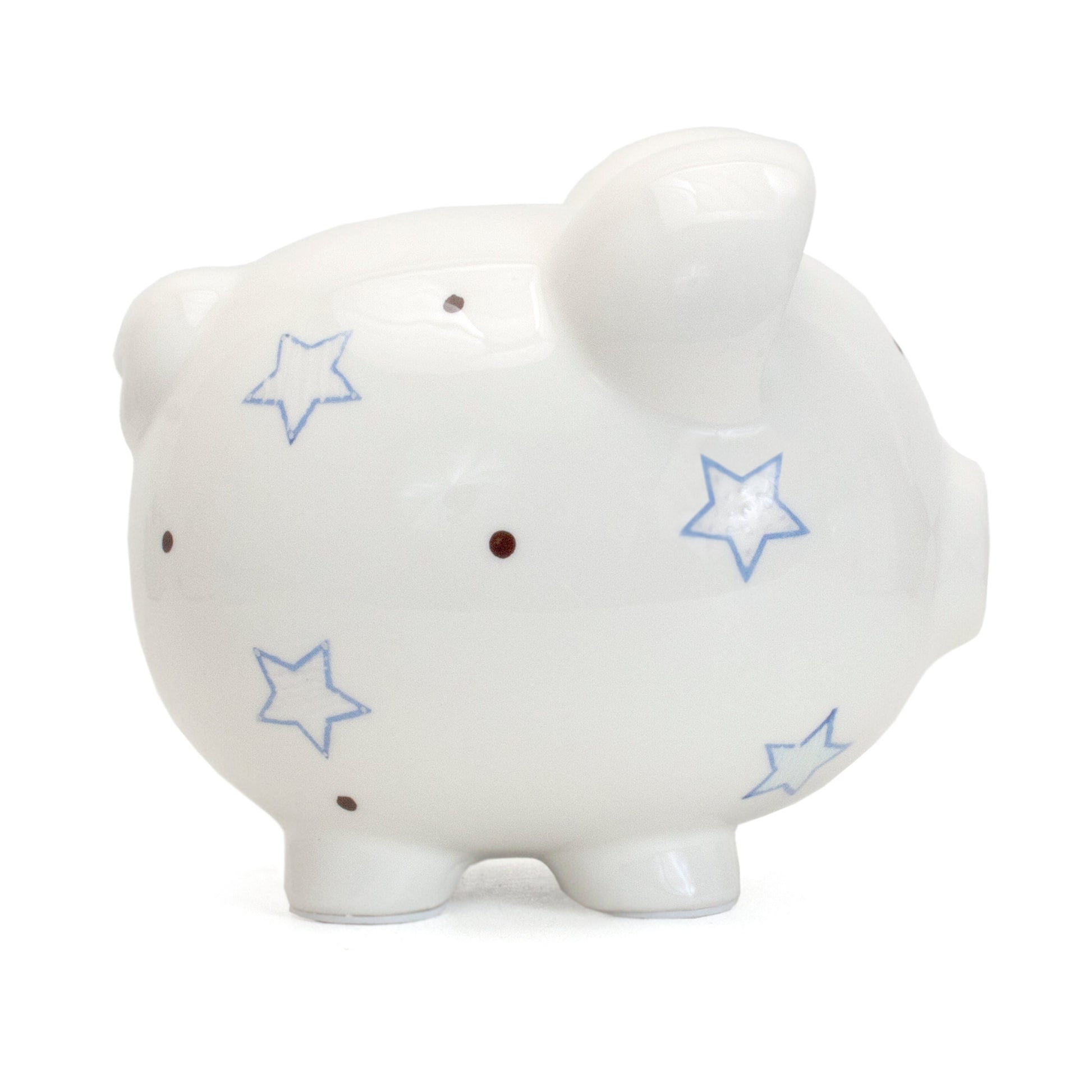 Right side view of ceramic piggy bank with blue star handpainted design