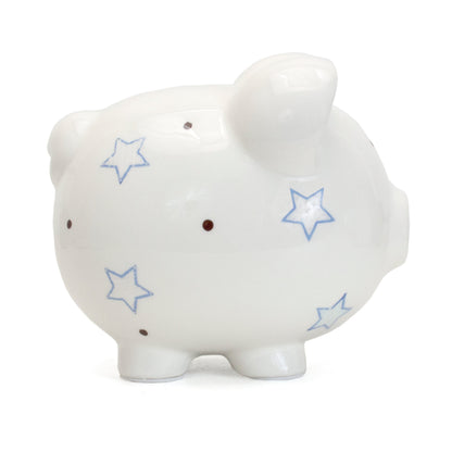 Right side view of ceramic piggy bank with blue star handpainted design