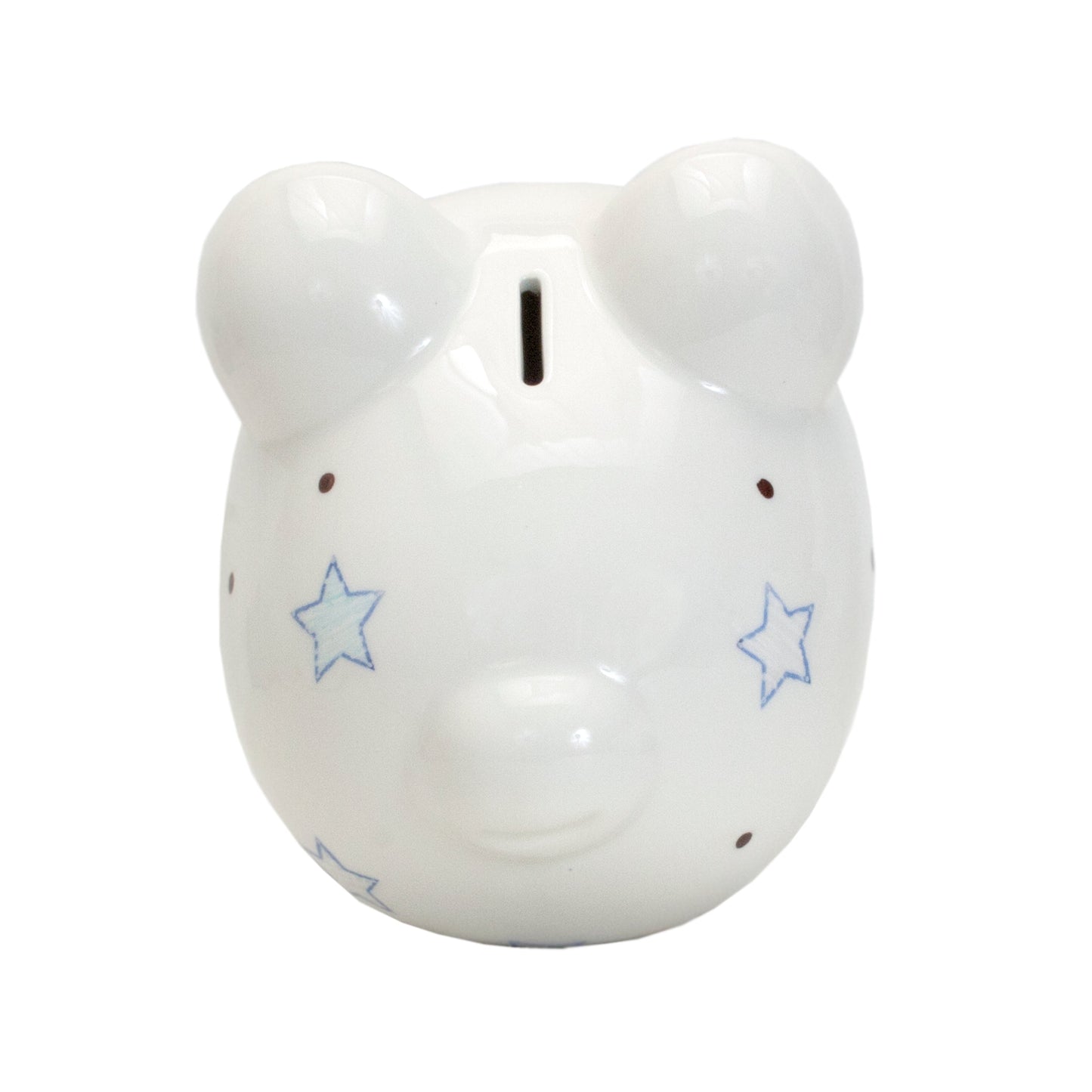 Front left angled view showing full design and glossy finish on ceramic piggy bank