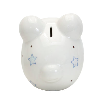 Front left angled view showing full design and glossy finish on ceramic piggy bank