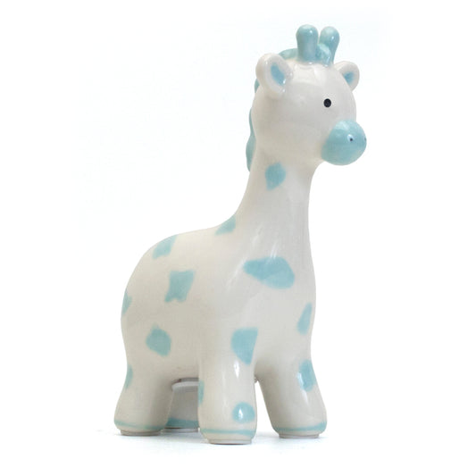 Front angled view of blue spotted ceramic giraffe piggy bank