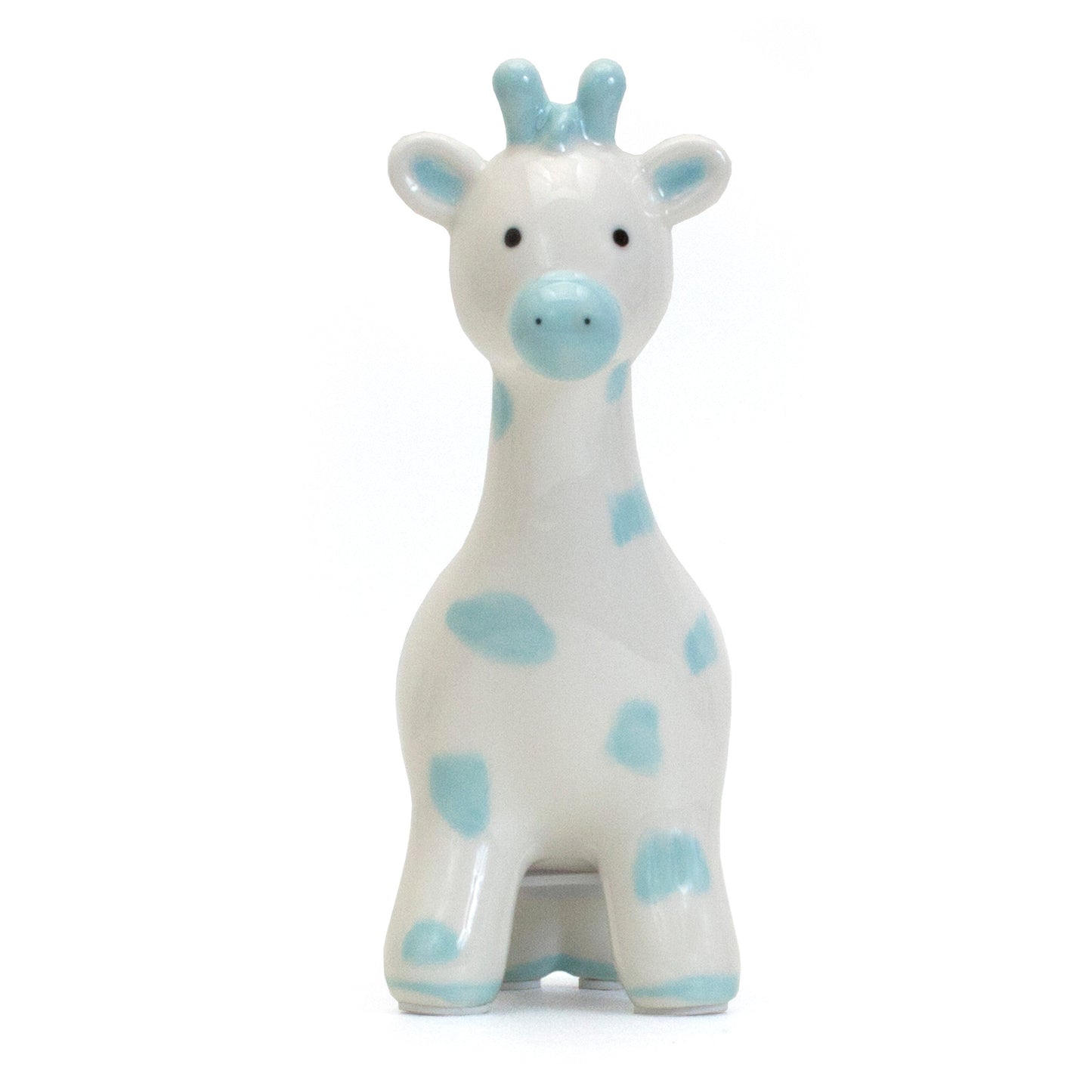 Front view of blue spotted ceramic giraffe piggy bank
