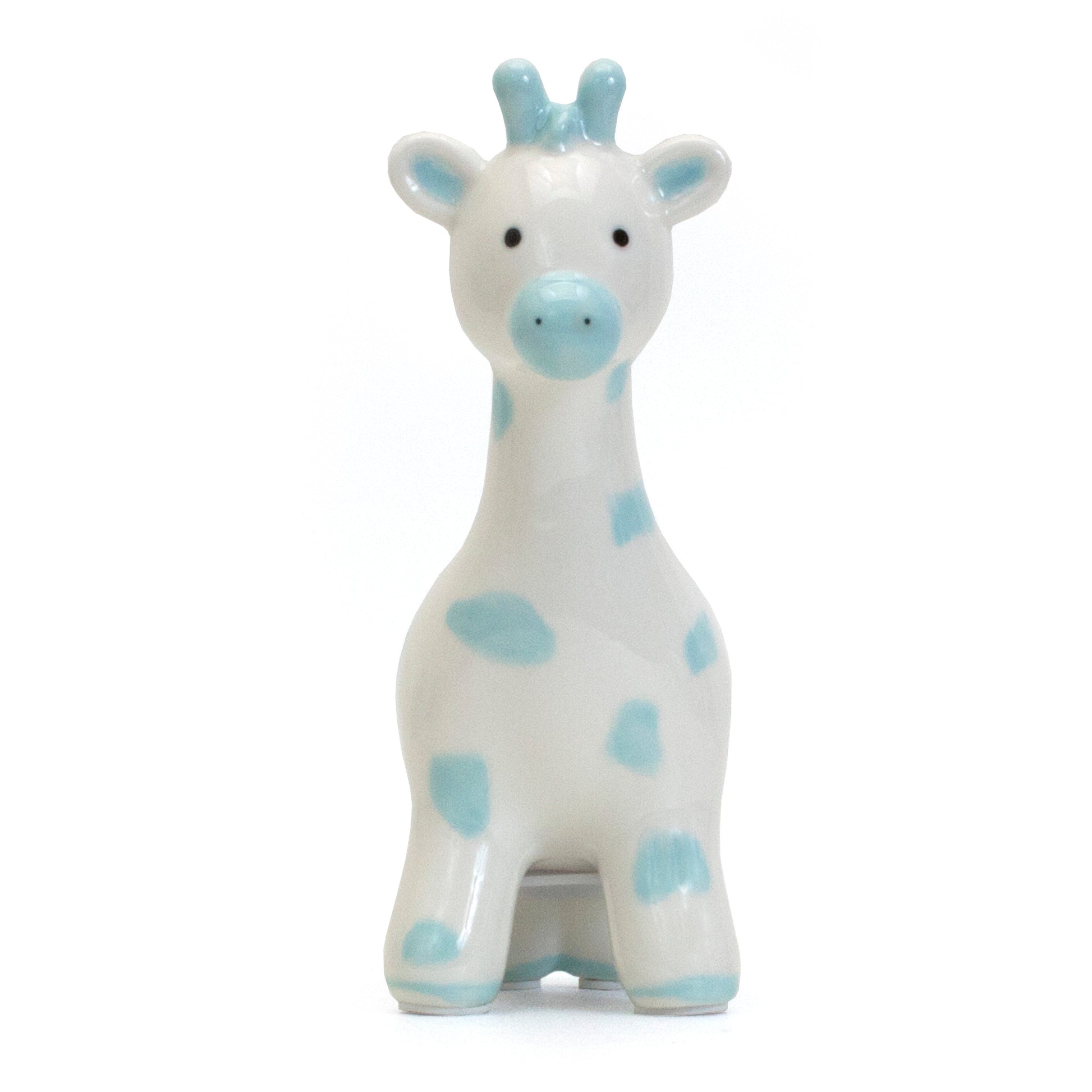 Front view of blue spotted ceramic giraffe piggy bank