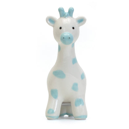 Front view of blue spotted ceramic giraffe piggy bank