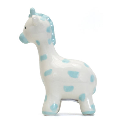 Right side view of blue spotted ceramic giraffe piggy bank