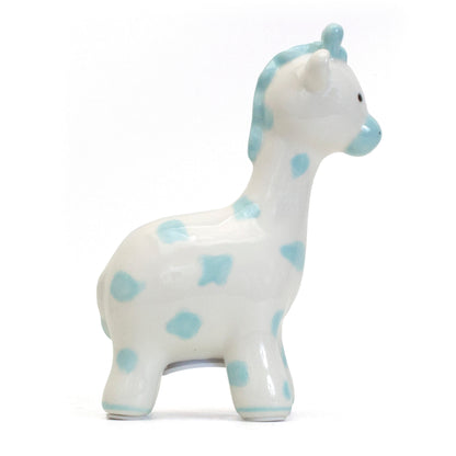 Left side view of blue spotted ceramic giraffe piggy bank