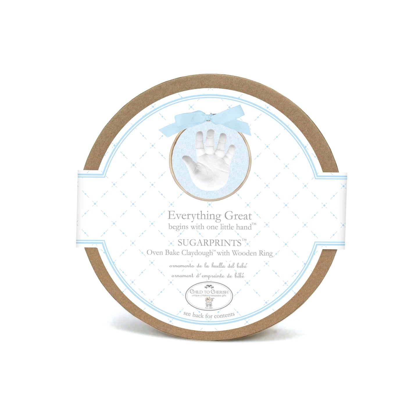 Sugarprints Glitter Handprint Kit round cardboard packaging with blue and white label featuring handprint image and blue ribbon