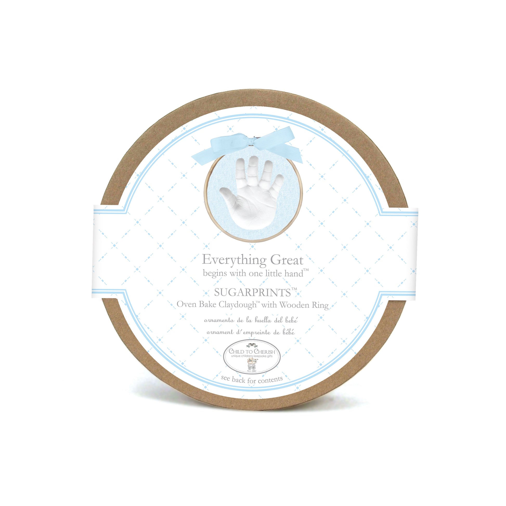 Sugarprints Glitter Handprint Kit round cardboard packaging with blue and white label featuring handprint image and blue ribbon
