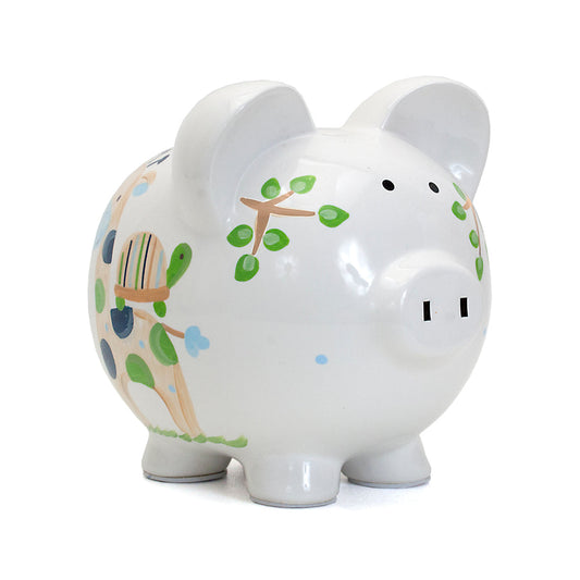 Front angled view of Blue Tropical Punch handpainted ceramic piggy bank with green leaves and turtle design