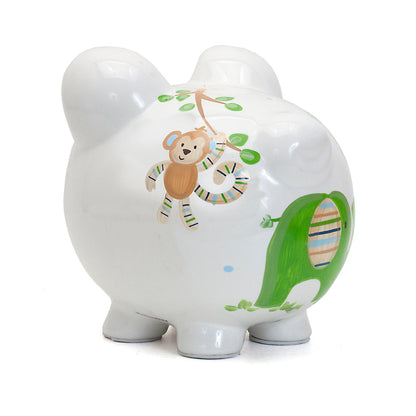 Other side view showing giraffe and elephant on piggy bank
