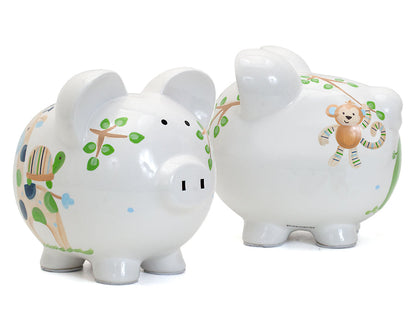 Complete side-by-side view of two Blue Tropical Punch piggy banks showing detailed painted animal designs