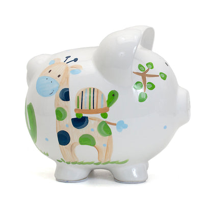 Side view showing giraffe and turtle painted on Blue Tropical Punch piggy bank