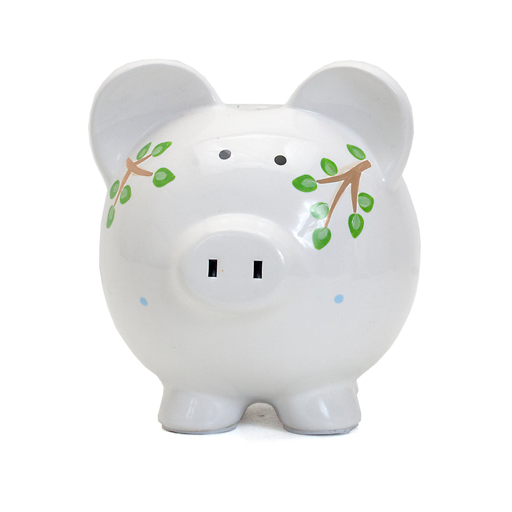 Front view of Blue Tropical Punch piggy bank with leaf and snout details