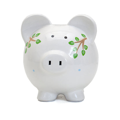 Front view of Blue Tropical Punch piggy bank with leaf and snout details