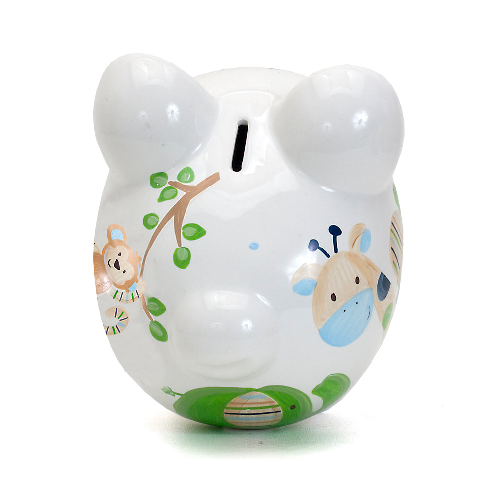 Back side views of two Blue Tropical Punch piggy banks showing full animal illustrations