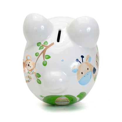 Back side views of two Blue Tropical Punch piggy banks showing full animal illustrations