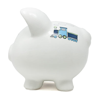 Back close-up of piggy bank emphasizing glossy finish and details of painted train and clouds