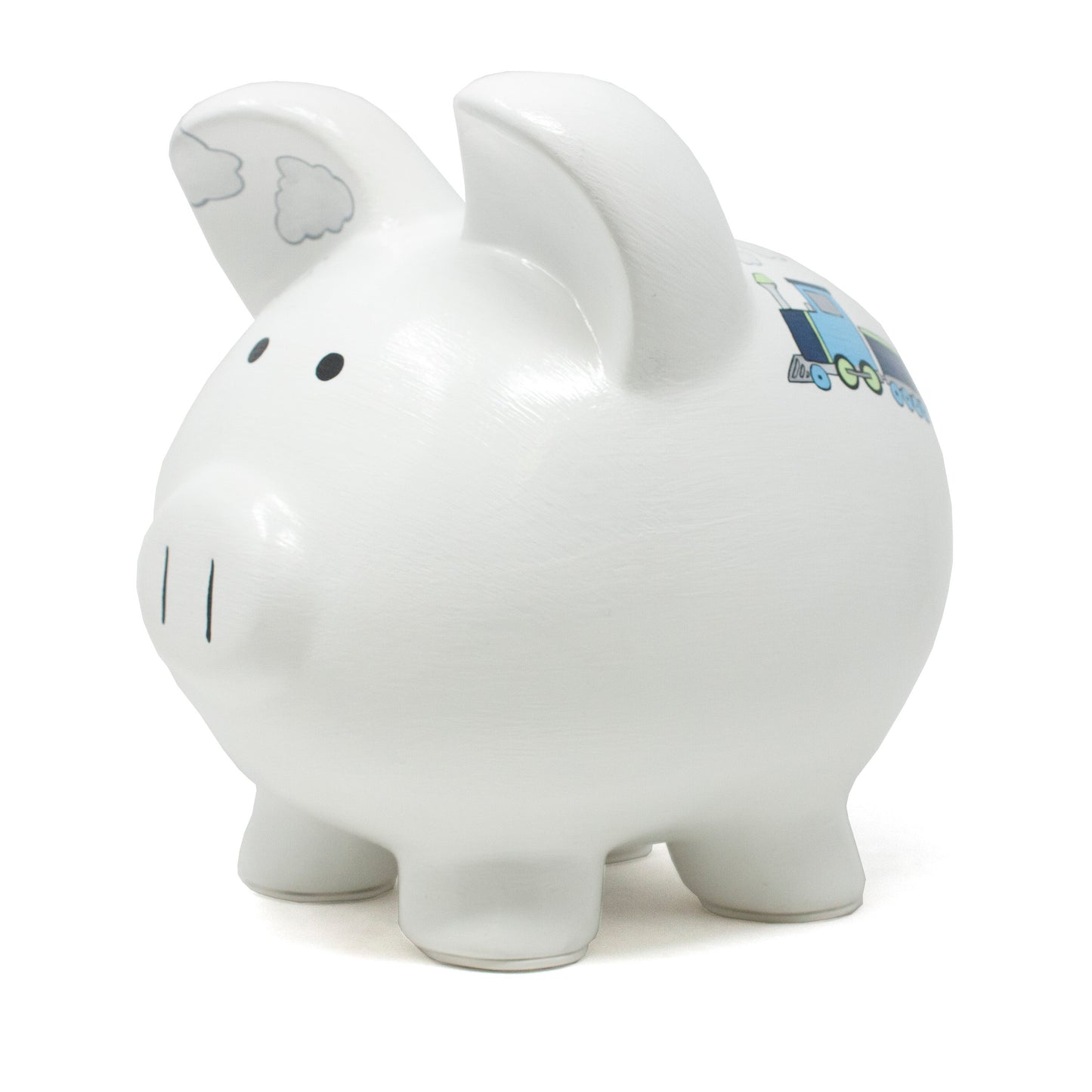 Side close-up of piggy bank showing train design and smooth white glazed finish