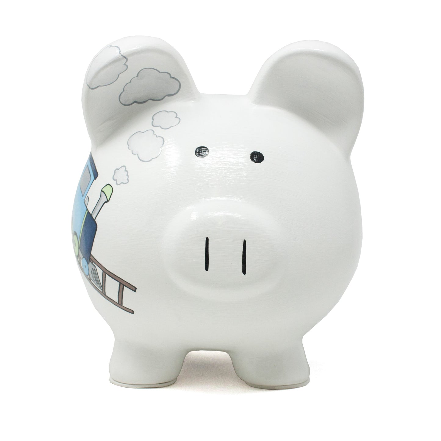 Front view of piggy bank shaped like a pig with simple black eyes and coin slot on top